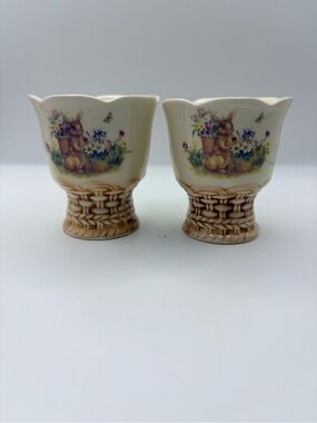 Vintage Bunny & Basket Ceramic Egg Cups - Floral Design - Set of 2